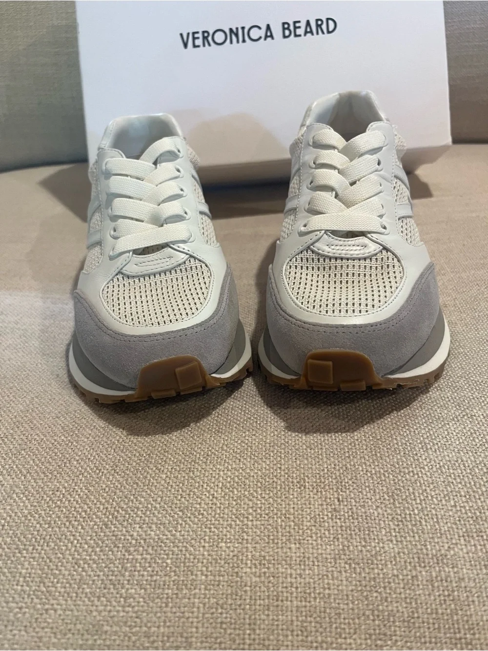 Veronica Beard Valentina Gray and White Mesh Platform Sneakers